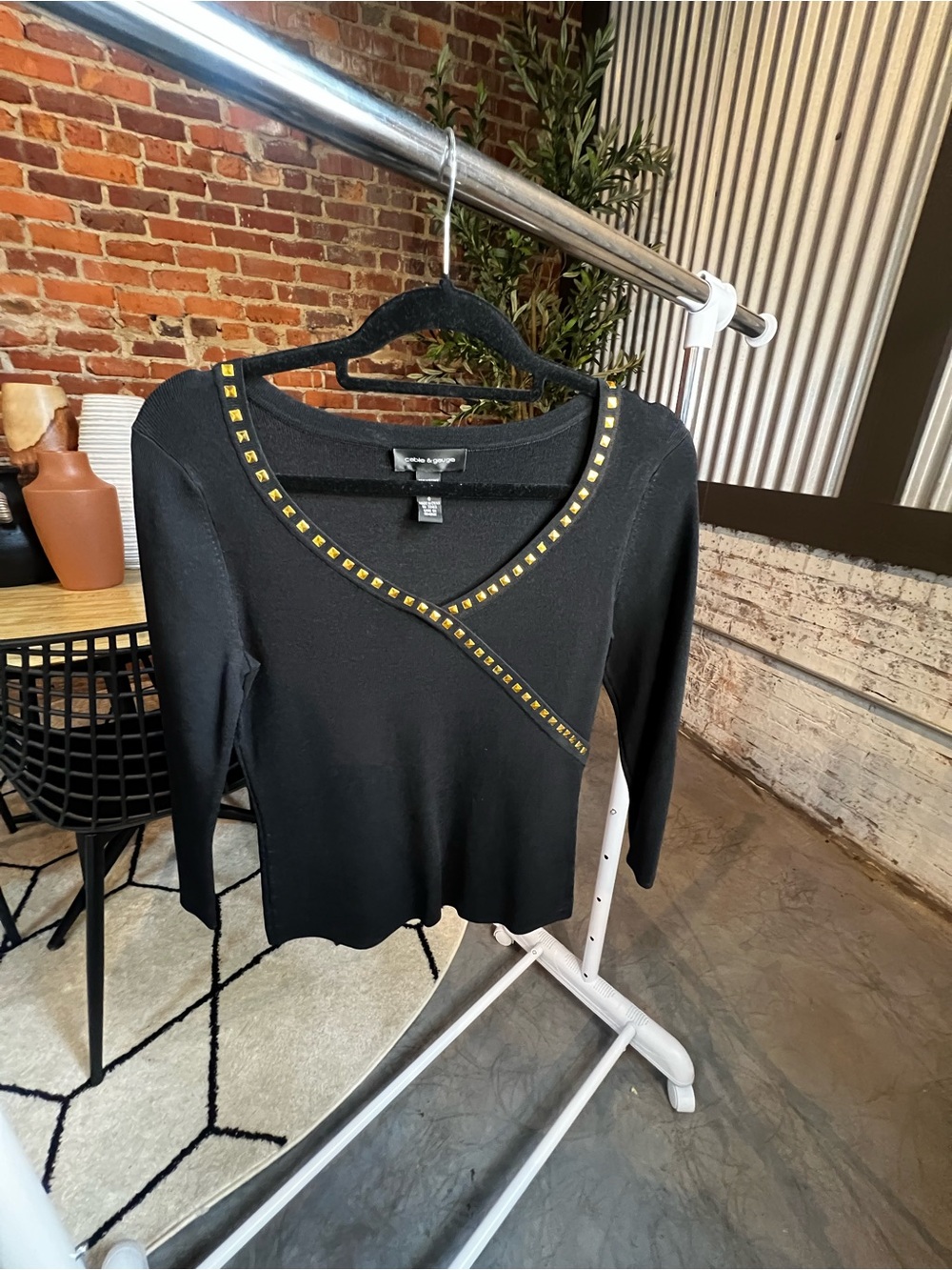 Cable & Gauge Black V-Neck Sweater with Gold Stud Trim